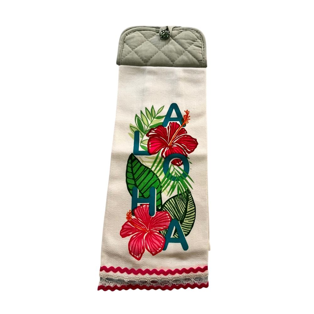Aloha Hanging Hand Towel Tropical Floral Handmade Kitchen Pink Green Teal